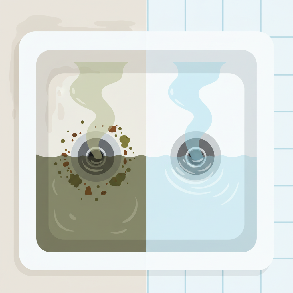 A vibrant and clean flat illustration depicting a kitchen sink area, conceptually split into two distinct scenes. On the left side, a partially clogged drain in a sink basin shows murky, stagnant water barely draining, with subtle, swirling green-brown mist subtly representing unpleasant odors. Visible food debris and grease residue are accumulated around the drain opening. On the right side, the same kitchen sink drain is sparkling clean, with clear, fresh water vigorously swirling down the drain, depicting efficient and fast water flow. A subtle, bright blue or white mist emanates from the clean drain, symbolizing freshness and hygiene.