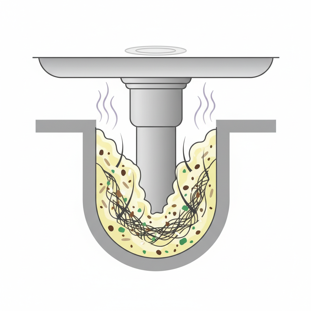 A stylized cross-section illustration of a kitchen sink drainpipe. The pipe is partially obstructed by layers of solidified grease, small food particles, and strands of hair, clearly showing a blockage forming. Small, subtle wisps of unpleasant vapor or 'smell lines' emanate from the clogged area. Above, a minimal view of the sink basin suggests the origin of the debris. The illustration should use a clean, modern aesthetic with a focus on conveying the issue in an easily understandable visual format, suitable for an infographic or explanatory diagram.