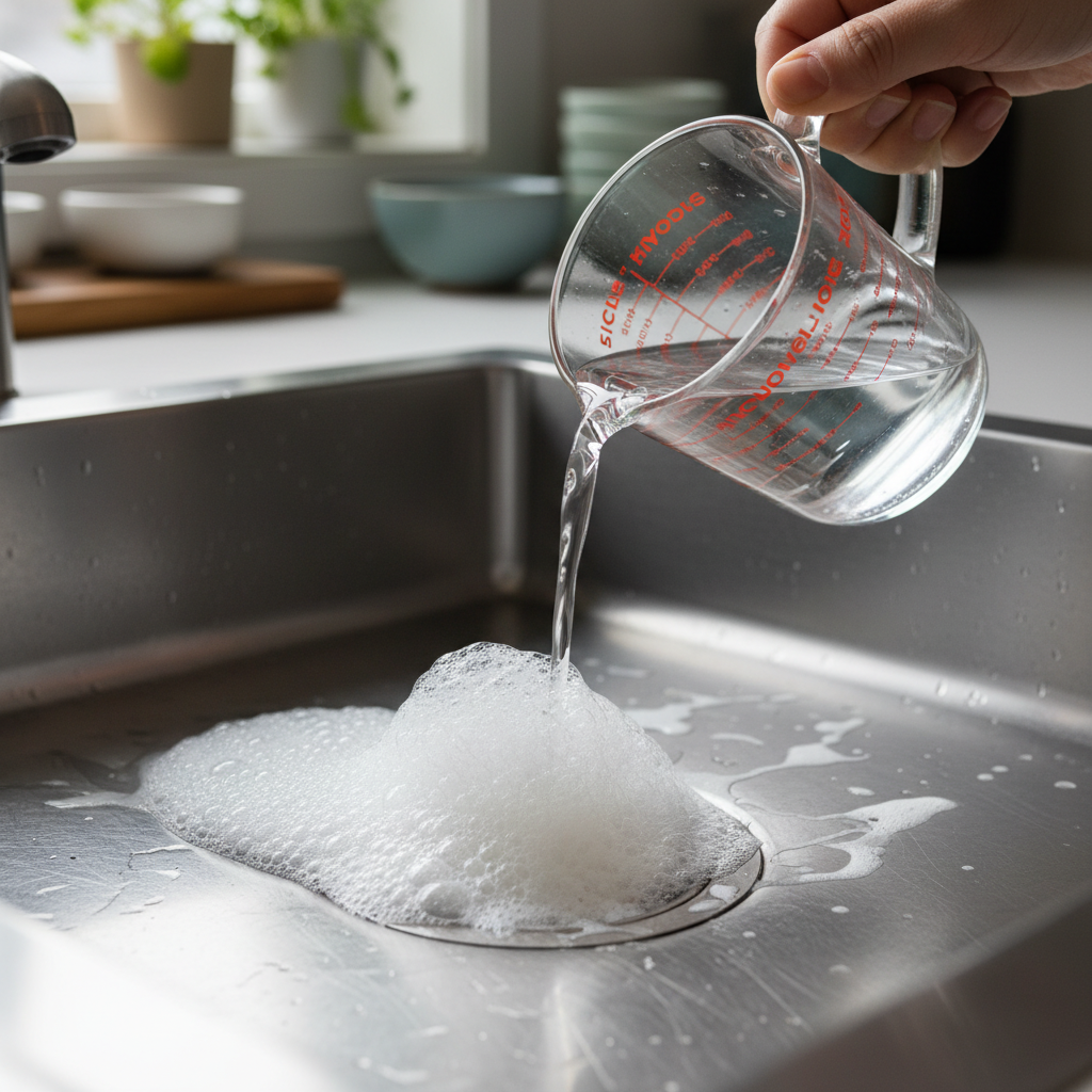 A close-up, dynamic photograph or realistic digital illustration of a kitchen sink drain. A hand, holding a bottle or measuring cup, is pouring a clear liquid (representing vinegar) into the drain opening. Inside the drain, white powder (representing baking soda) is visibly reacting with the liquid, creating a vigorous, effervescent bubbling and foaming effect that spills slightly over the drain grate. The scene should be well-lit, emphasizing the chemical reaction, with a clean kitchen background subtly blurred in the distance. The style should be vibrant and practical, like a professional cooking or DIY photo.