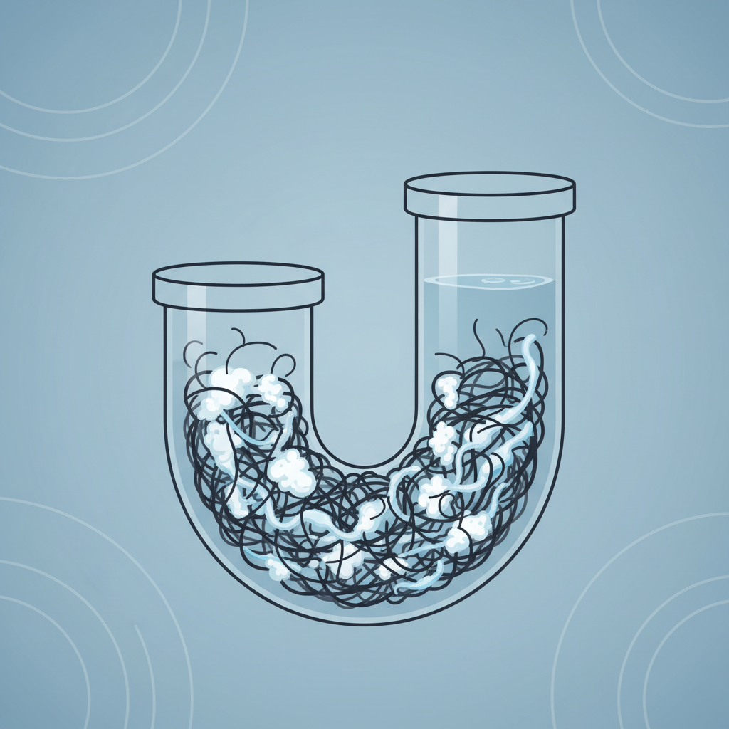 A detailed infographic illustration showing a cross-section of a typical bathroom sink drain pipe (the P-trap/siphon area). Inside the pipe, a dense, intertwined mass of dark hair, white soap scum, and light blue toothpaste residue is clearly visible, forming a significant blockage. Water is pooling slightly above the clog, indicating a slow drain, while the pipe below the blockage is clear. The illustration should have clean lines and a modern, slightly transparent effect on the pipe walls to clearly show the internal accumulation. The overall impression should be informative and visually explain the cause of clogs.