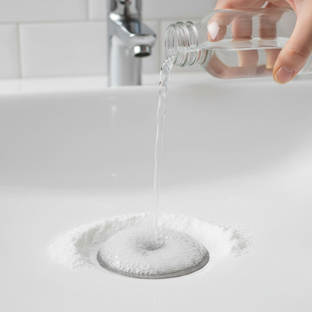 A professional, bright, and clean still life photograph or a realistic digital painting. The focus is on a pristine white bathroom sink drain. White baking soda powder is mounded around the drain opening, and a stream of clear liquid, representing vinegar, is actively being poured into it from a simple, unbranded glass bottle held by a hand. A vivid, frothy, bubbling reaction, indicating the chemical interaction, is clearly visible around the drain, subtly suggesting movement and efficacy. The background should be a softly blurred, modern bathroom setting, emphasizing a clean and practical environment.