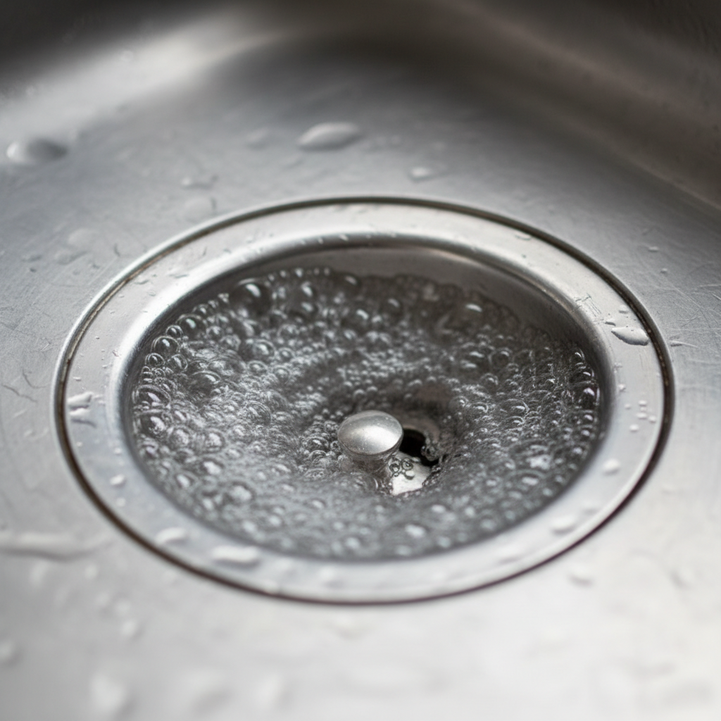 A close-up, dynamic professional photograph of a kitchen sink drain. Water is actively swirling and bubbling as it goes down, creating a visual representation of a gurgling sound. Transparent air bubbles rise and burst near the drain opening, emphasizing the trapped air movement. The chrome of the drain glints under soft, natural light, contrasting with the swirling water. The surrounding sink basin is subtly blurred to keep the focus sharply on the noisy drain.