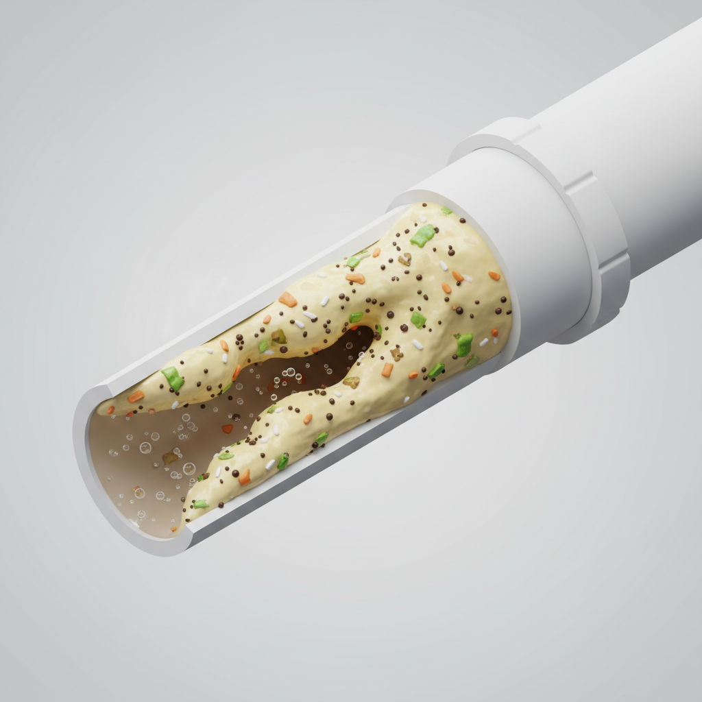 A detailed, clean 3D isometric illustration showing a cross-section of a kitchen drain pipe. Inside the pipe, a thick, yellowish-white layer of solidified fat and oil is visible, heavily encrusted with various small food particles like coffee grounds and vegetable scraps. This greasy accumulation significantly narrows the pipe's internal diameter, with dark water visibly struggling to pass through the remaining constricted opening, indicating a severe blockage.