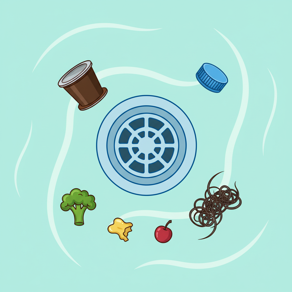 A vibrant flat illustration showcasing common culprits for drain blockages. Several small, distinct objects are arranged artfully around a simplified outline of a kitchen sink drain. These objects include a discarded coffee pod, a small plastic bottle cap, a clump of hair, and a few small, unidentifiable food scraps. The background is clean and minimalistic, allowing each item to be clearly identified as a potential obstruction.