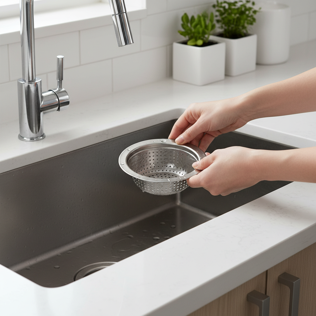 A bright, professional photo of a kitchen sink. A pair of hands is carefully placing a metallic drain strainer into the sink's drain opening. The strainer is clearly visible, designed to catch food particles. The hands are clean and well-maintained, suggesting a proactive approach to drain care. The kitchen environment is modern and tidy, reinforcing a sense of cleanliness and good practice for drain maintenance.