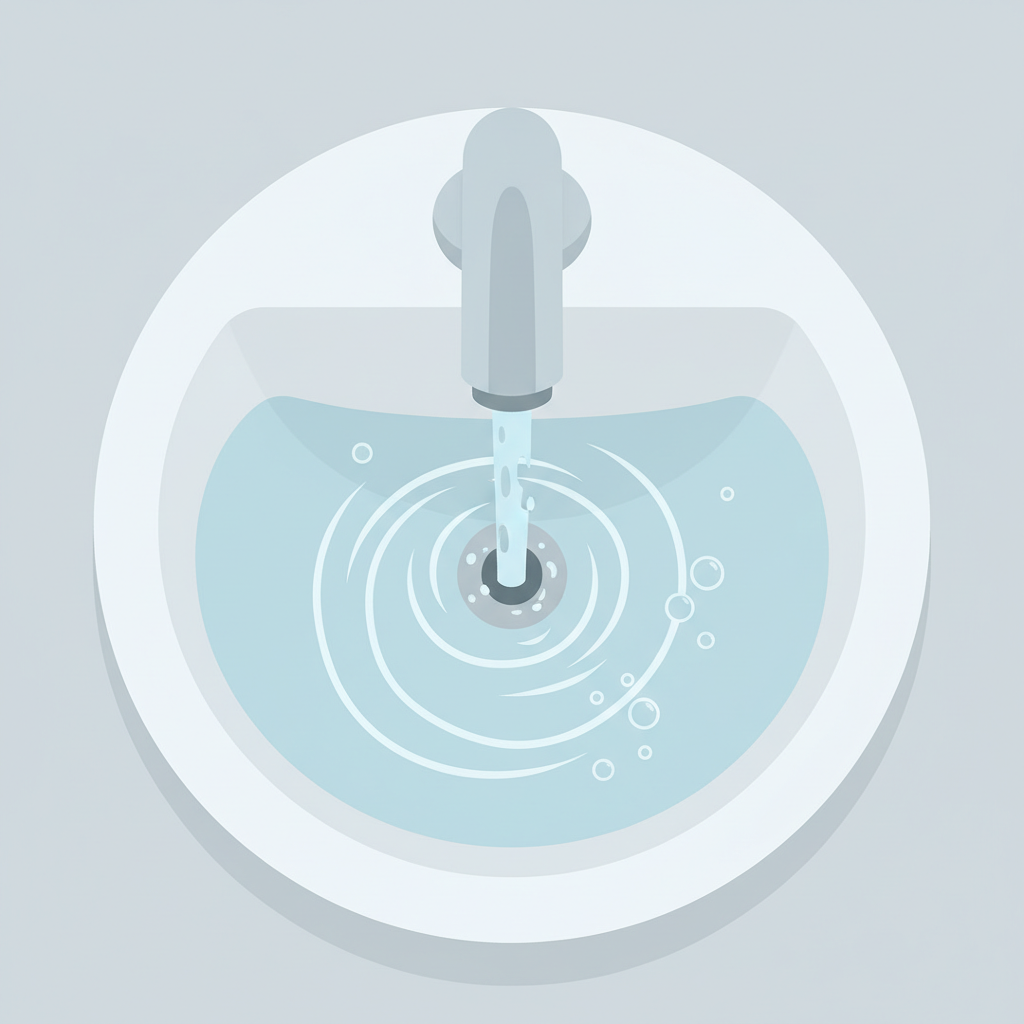A clean, minimalist flat illustration of a modern bathroom sink. Water is actively draining from the faucet into the basin, creating a visible swirling vortex in the drain opening. Around the drain, subtle, concentric circular lines or small, stylized bubbles should emanate outwards, visually representing a gurgling sound without any text or literal sound symbols. The water flow should appear slightly turbulent or hesitant, indicating a minor obstruction. The overall color palette should be calming yet highlight the moving water.