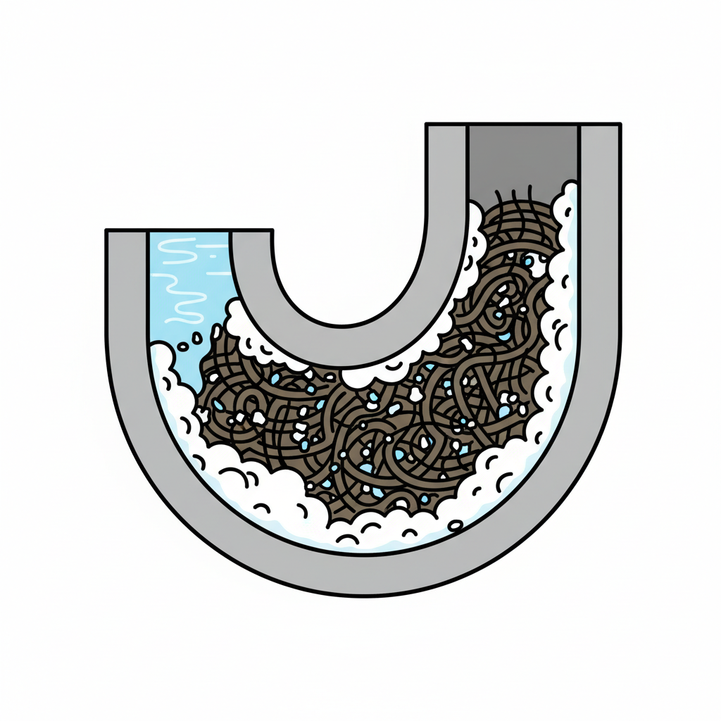 An infographic-style cross-section illustration of a typical household drainpipe. Inside the pipe, a dense, multi-layered blockage is clearly visible, composed of tangled strands of dark hair, solidified white soap scum, and a few small, indistinct particulate objects like toothpaste residue. Water is depicted as pooling significantly upstream of this obstruction, unable to flow freely past it. The pipe walls should be clean, and the illustration should have clear, distinct lines with a focus on the accumulated debris.