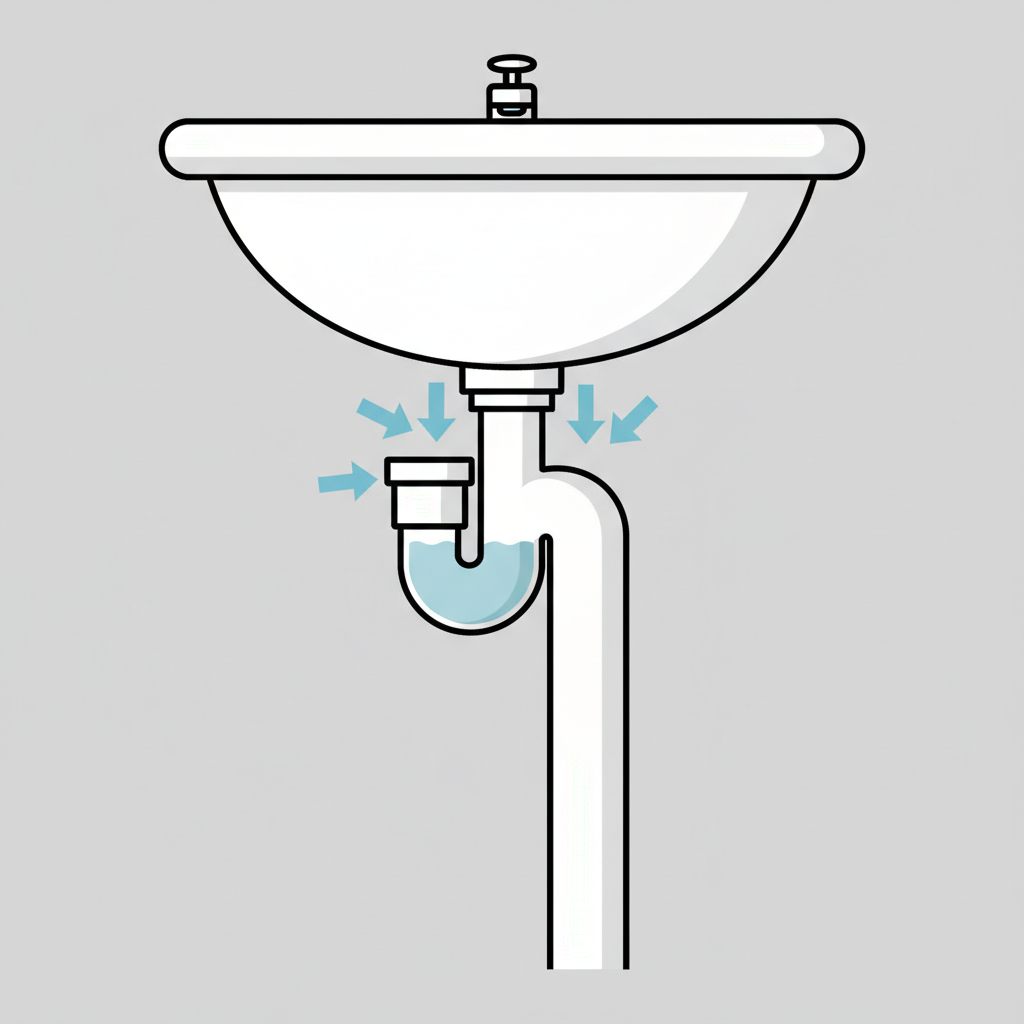 A simplified, technical flat illustration showing a cutaway view of a bathroom sink's plumbing system. It includes the sink basin, the U-shaped P-trap (siphon) directly underneath, and a vertical drainpipe extending downwards. A subtle, transparent bubble or pocket of air is clearly visible trapped within the P-trap or the upper part of the drainpipe, preventing smooth water flow. Arrows should indicate the attempted downward movement of water meeting resistance from the trapped air, illustrating a ventilation issue without showing a full ventilation pipe system.