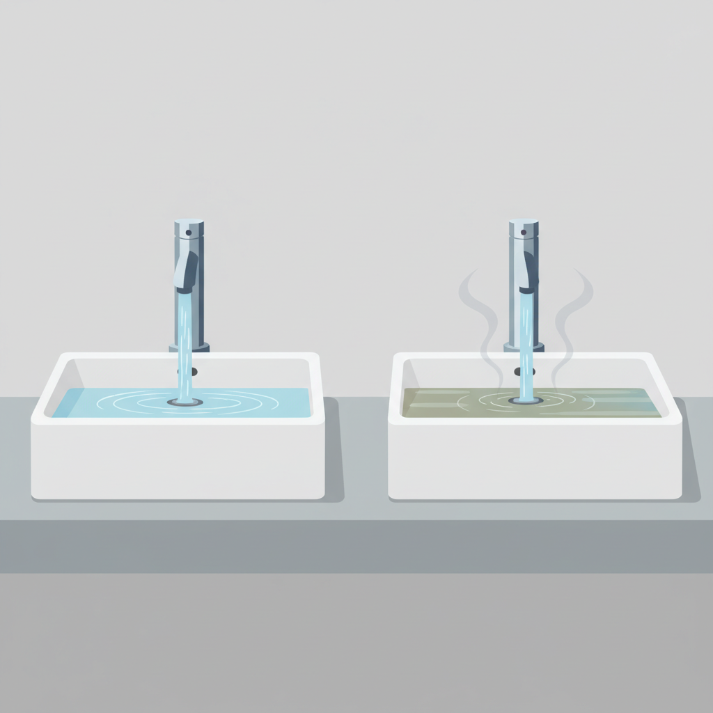 A professional, modern flat illustration depicting two bathroom sinks side-by-side, creating a visual contrast. On the left, a sink shows clear, smooth-flowing water effortlessly disappearing down the drain, representing a healthy, functional system. On the right, an identical sink shows water visibly pooling and draining very slowly, with faint, swirling grey vapor subtly rising from the drain, indicating a lingering unpleasant odor or stagnant issue. The contrast should be stark and immediately understandable, without any labels.