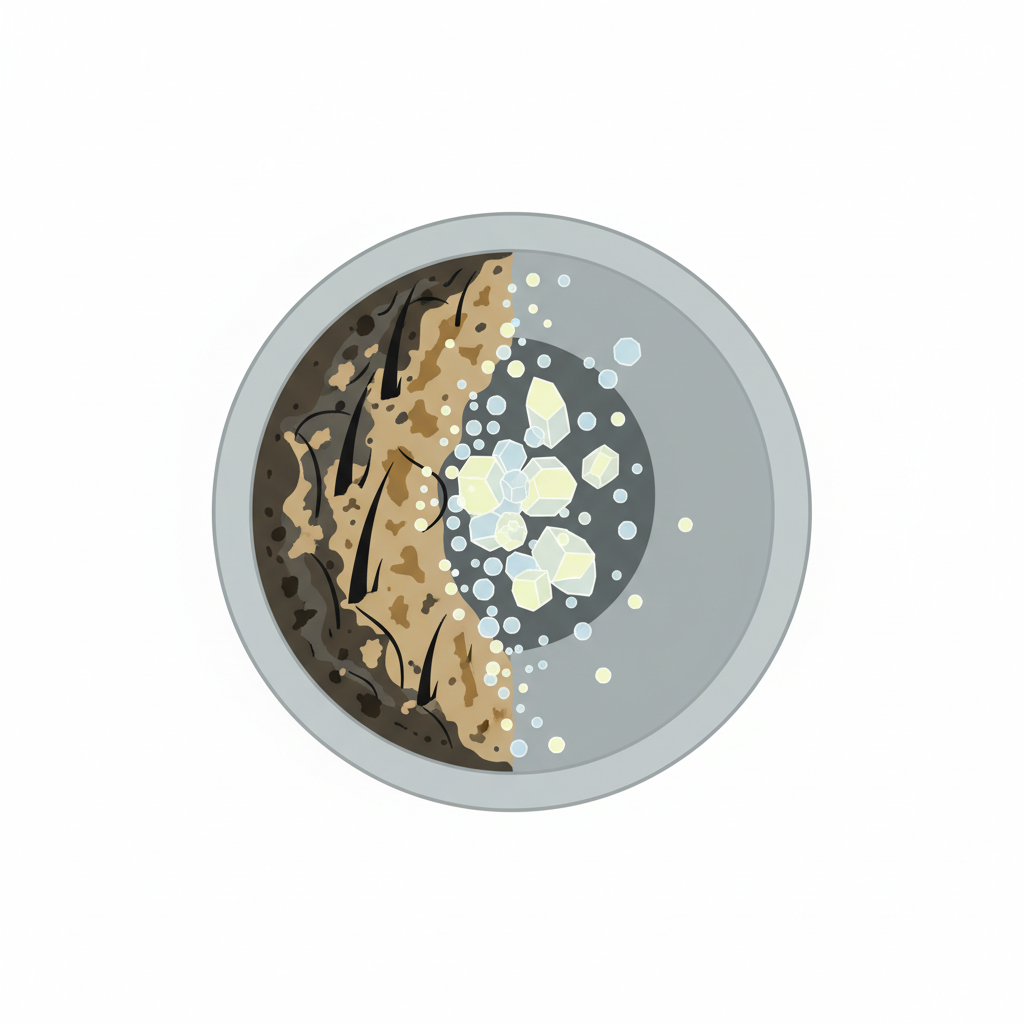 A detailed, clean flat illustration showing a cross-section of a white or grey drain pipe. On the left side of the pipe's interior, there's a visible accumulation of dark, gritty soap scum, hair, and light brown limescale creating a partial blockage. On the right side, a gentle, effervescent effect is depicted, with light yellow particles and subtle bubbles emanating from a crystalline substance (representing citric acid) that is visibly dissolving and breaking apart the blockage. The pipe's interior on the right is clean and clear, contrasting with the clogged left side. The overall feeling should be scientific yet approachable, clearly demonstrating the cleaning action.