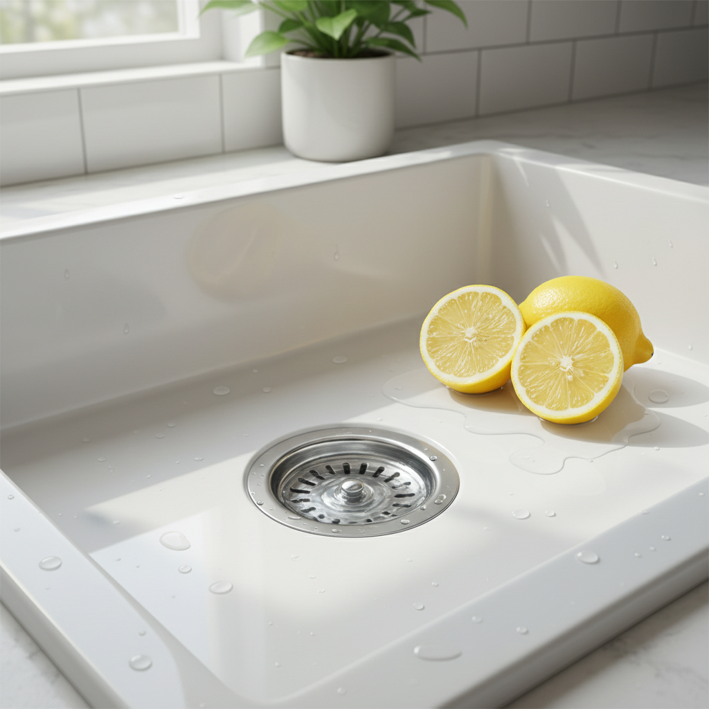 A bright, professional photo-realistic digital painting focusing on a clean, modern kitchen or bathroom sink. The chrome drain opening is sparkling, and crystal-clear water is shown actively swirling down, symbolizing a clear and free-flowing pipe. Beside the drain, a few fresh, vibrant yellow lemon halves and whole lemons are artfully arranged, subtly connecting the natural origin of citric acid to the cleaning process. The background should be softly blurred, creating a sense of freshness and domestic cleanliness. The overall aesthetic should be inviting, natural, and emphasize effectiveness without being overly dramatic.