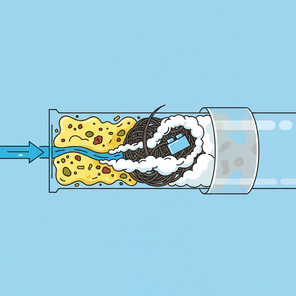 A detailed cross-section diagram of a typical household drain pipe. The pipe, seen from the side, should be transparent or cut open to reveal the interior. Inside the pipe, various common clogging culprits are visually depicted accumulating and narrowing the flow. These include congealed yellow fat globules mixed with small food particles, a tangled clump of dark hair intertwined with white soap scum, and subtle light-colored calcified layers adhering to the pipe walls. A small, indistinct foreign object like a tiny toy or cotton bud could also be subtly embedded in the blockage. The illustration should clearly show reduced water flow. Infographic style, clean lines, and vibrant colors.
