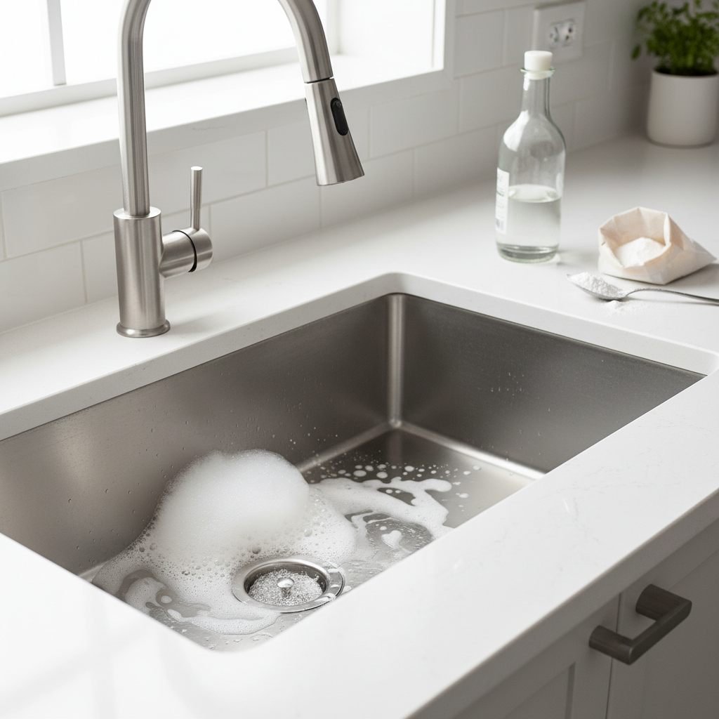 A professional, bright photo of a modern kitchen sink. In the sink's basin, a chemical reaction is visibly occurring around the drain opening. White foam, indicating the reaction of baking soda and vinegar, is actively bubbling up from the drain and spreading slightly over the sink's surface. A bottle of white vinegar and a small container or bag of baking soda are placed neatly on the counter next to the sink, suggesting the ingredients. The scene should be well-lit and convey cleanliness and effectiveness, focusing purely on the visual demonstration of the home remedy in action. Realistic, high-resolution photo style.