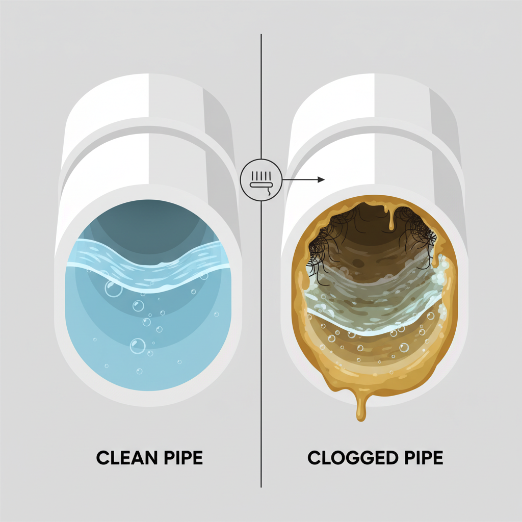 An infographic-style cutaway illustration depicting a kitchen or bathroom drainpipe in a side-by-side comparison. On one side, the pipe interior is pristine and smooth, with clear water flowing effortlessly through a wide passage. On the other side, the same pipe interior shows distinct, visible layers of accumulated gunk: greasy residue, small hair strands, and soap scum clinging to the walls, visibly narrowing the pipe's diameter and causing slight turbulence in the water flow. The contrast should subtly highlight the importance of preventative cleaning before a full blockage, focusing on the visual difference in flow and hygiene within the pipe.