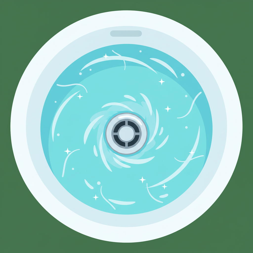 A vibrant flat illustration of a gleaming, modern bathroom sink and its drain. Focus on the drain opening, where crystal-clear water is gracefully spiraling down, creating a strong sense of smooth, unobstructed flow. Around the drain, subtle visual elements like gentle, upward-curving lines or soft sparkle effects symbolize freshness and hygiene, indicating the absence of unpleasant odors and blockages. The overall scene should convey a feeling of cleanliness, efficiency, and the positive outcome of effective preventative maintenance.