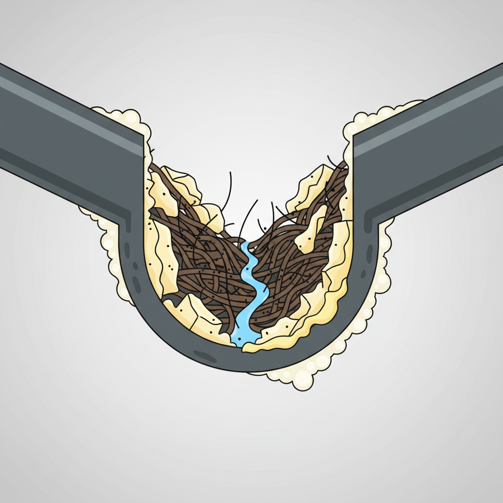 A detailed, clear flat illustration depicting a cross-section of a clogged sink drain pipe. The pipe is a dark grey, with internal blockages clearly visible. Accumulations include tangled strands of dark hair, solidified yellow-white grease, and small, miscellaneous food particles like coffee grounds. Soap scum appears as a lighter, sticky residue coating the pipe walls and intertwining with the other debris, causing a significant narrowing of the water flow path. The background is clean and simple, highlighting the pipe and its contents. The overall image should convey the common culprits of a blockage in an easy-to-understand visual.