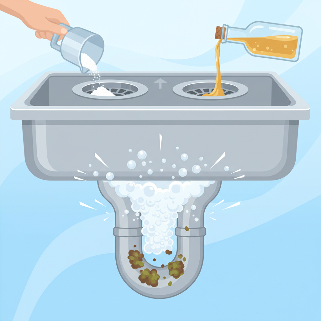 A vibrant, modern infographic style illustration showing the 'baking soda and vinegar' drain cleaning process. The scene features a stainless steel kitchen sink drain. From the top, a hand is pouring white baking soda powder into the drain opening. Another element shows a bottle pouring clear vinegar into the same drain. A cutaway view of the pipe directly beneath the drain visually represents a bubbly, effervescent chemical reaction taking place inside the pipe, indicating the mixture actively working to dislodge blockages. The bubbles are light and dynamic, symbolizing the cleaning action. The visual flow should be clear and sequential.