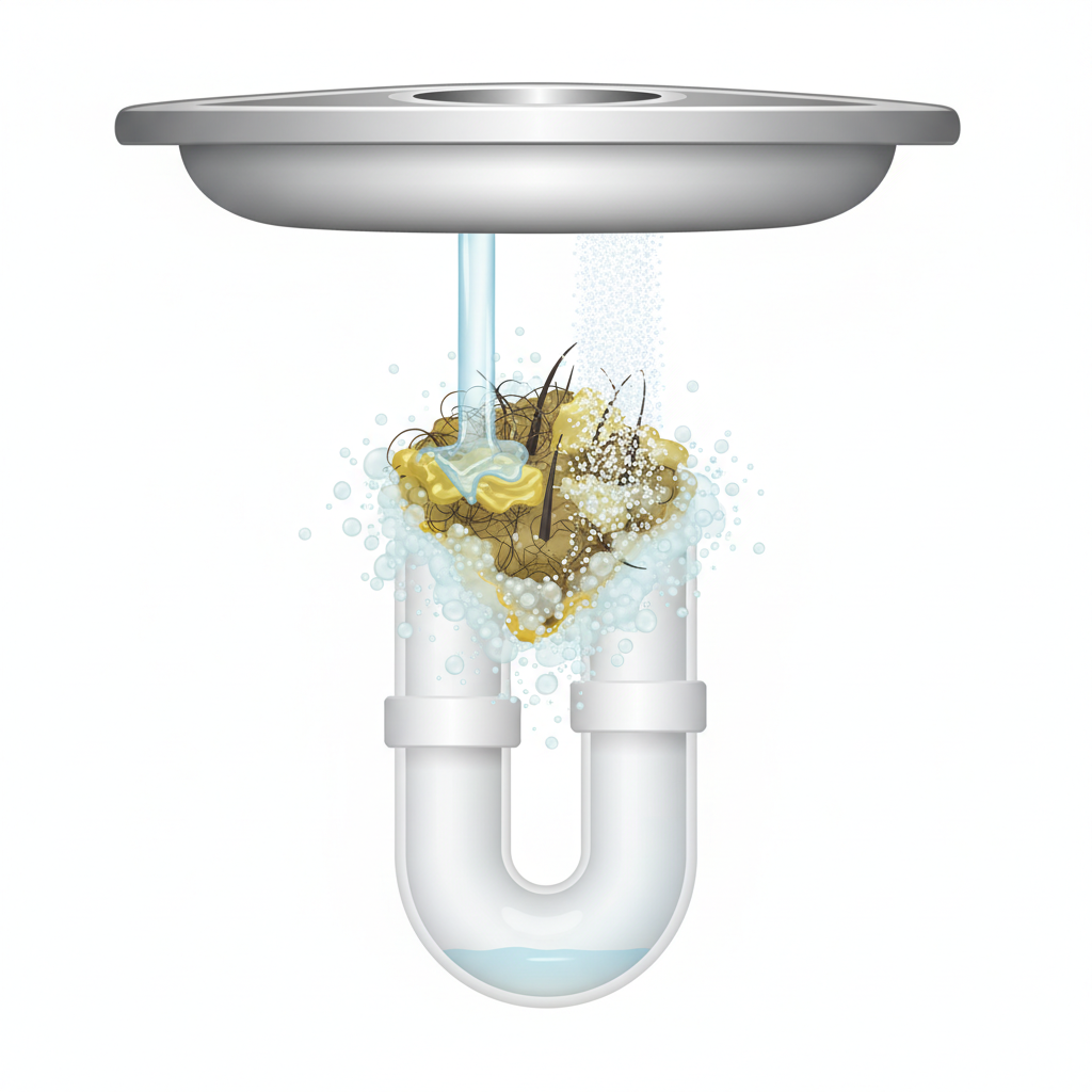A detailed cross-section illustration of a kitchen sink drainpipe. The upper part of the pipe is visibly clogged with a mixture of grease, hair, and soap residue. From the sink opening above, a stream of clear liquid (representing vinegar) and white granular powder (representing baking soda) are seen actively flowing into the drain. Dynamic effervescent bubbles and dissolving effects are depicted around the blockage, showing it breaking down. The lower section of the pipe should appear clean and clear, indicating the cleaning action. The style should be a modern, clean 3D cutaway diagram with a focus on the internal plumbing and the chemical reaction.