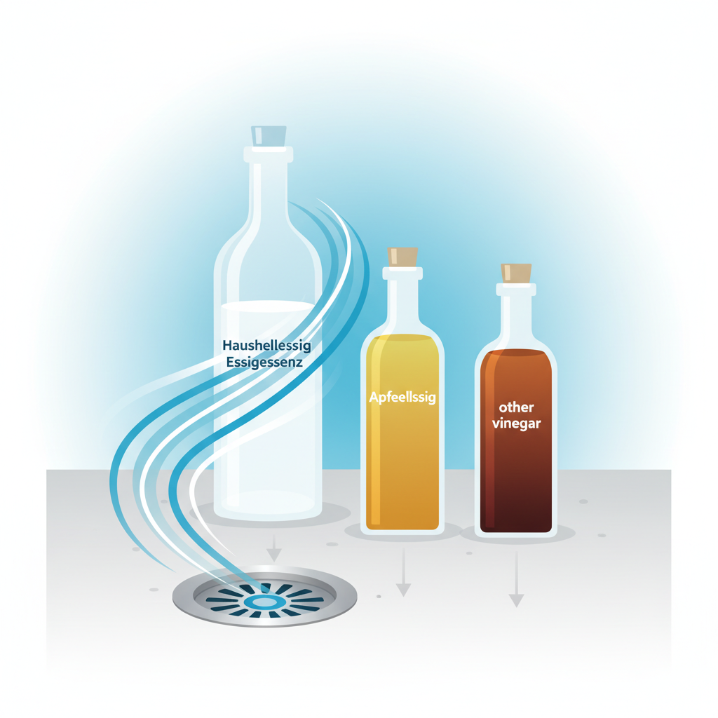 An infographic-style illustration showcasing different types of vinegar. Three distinct bottles are displayed: one clearly representing a strong 'Haushaltsessig' or 'Essigessenz' (perhaps with a stronger color or larger size), another for 'Apfelessig', and a third for a generic 'other vinegar'. The 'Haushaltsessig' bottle should have dynamic swirling lines or light radiating from it, pointing towards a stylized, clean drain opening in the foreground, signifying its superior cleaning power. The overall aesthetic should be clean, modern, and use a limited color palette, emphasizing clarity and comparison.