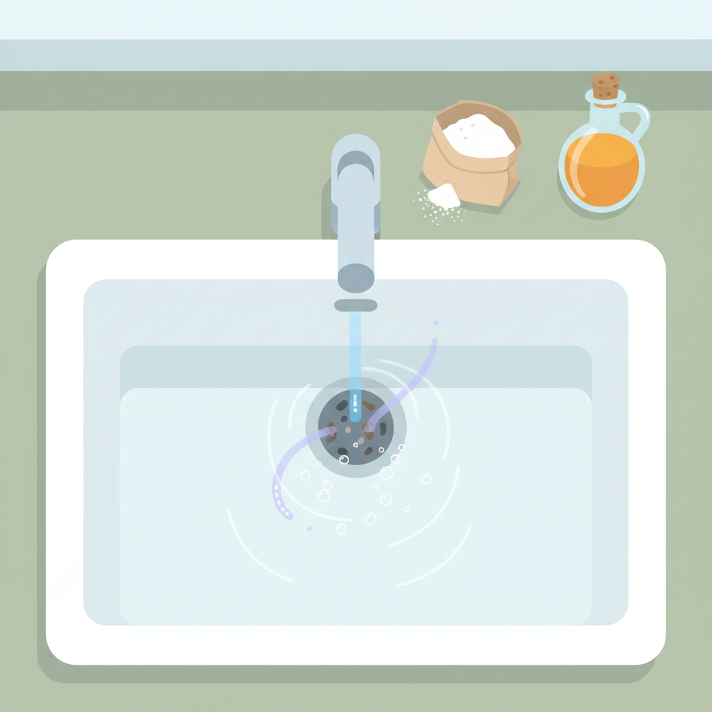 A clean, modern flat illustration showing a kitchen sink. The drain is slightly clogged, indicated by a small pool of water and a few stylized debris particles. Next to the sink, a small open bag or container of white baking soda powder and a bottle of vinegar are positioned. A subtle, dynamic visual effect suggests the mixture being poured into the drain, with tiny, gentle bubbles rising, symbolizing the natural cleaning process. The overall mood should be bright, efficient, and solution-oriented, highlighting ease and natural effectiveness.