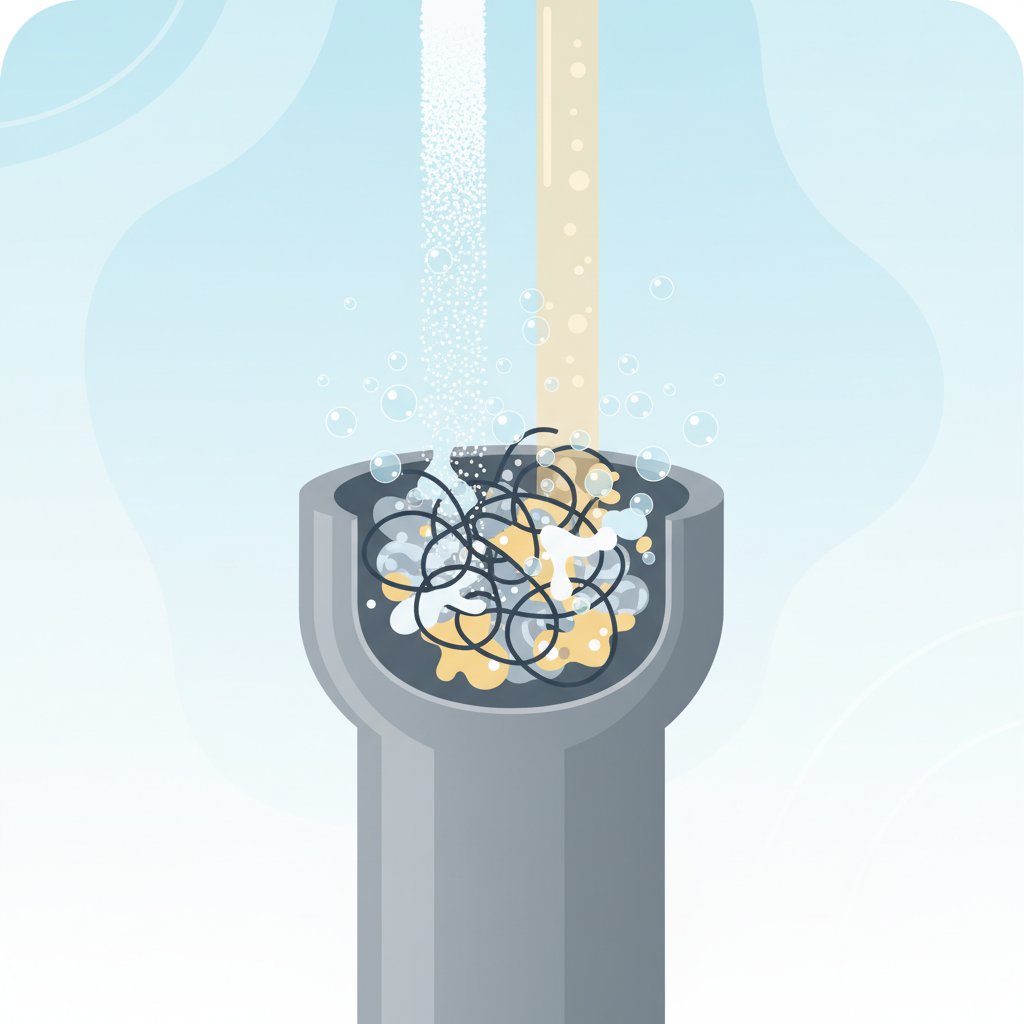 An infographic-style illustration depicting a cross-section of a household drain pipe. Inside the pipe, a visual representation of a clog is shown, composed of abstract shapes representing hair, soap scum, and grease. From above, a stylized stream of white powder (baking soda) and a liquid (vinegar) combine, creating a gentle, effervescent reaction represented by small, rising bubbles that interact with and gently break down the clog. Below the initial clog, the pipe is visibly clear and smooth, emphasizing the non-corrosive and effective nature of the method.