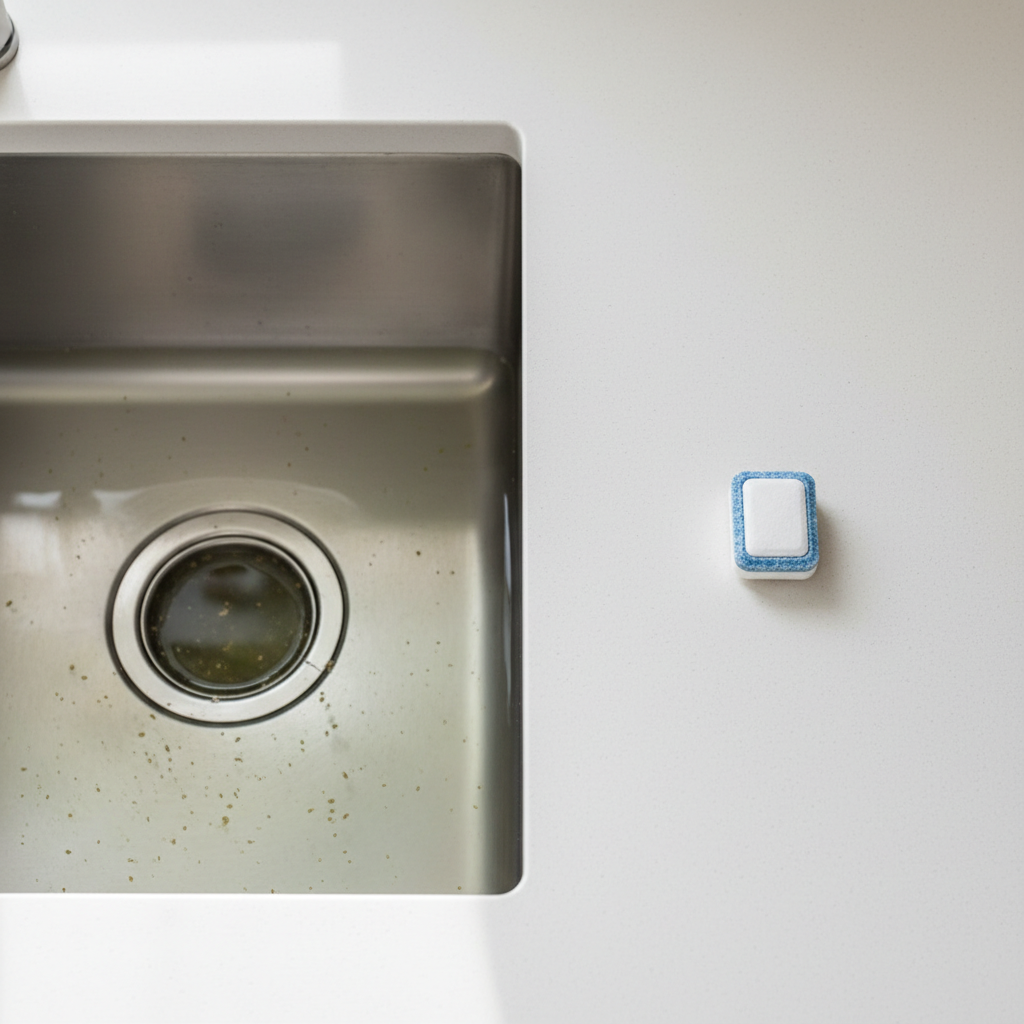 A high-angle, professional photo of a modern kitchen sink. The stainless steel drain is partially submerged in murky, standing water, clearly indicating a clog. On the clean, white countertop directly beside the sink, a single, perfectly formed dishwasher tab rests, subtly suggesting the solution. The scene should be well-lit with natural light, focusing on the contrast between the problematic drain and the simple, potent cleaning agent, conveying a sense of domestic problem-solving.