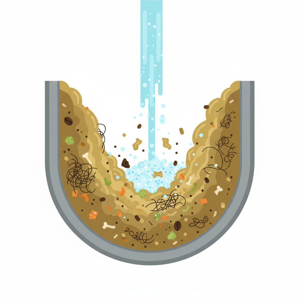 A detailed flat illustration in an infographic style depicting a cross-section of a drainage pipe. Inside the pipe, layers of accumulated grease, hair, and food particles are visibly clinging to the walls, causing a partial blockage. From the top of the pipe, a dissolved dishwasher tab solution, represented by a flow of effervescent, light blue liquid with tiny dissolving particles, is actively breaking down the debris. Show some sections of the clog clearly disintegrating into smaller pieces, illustrating the cleaning action.