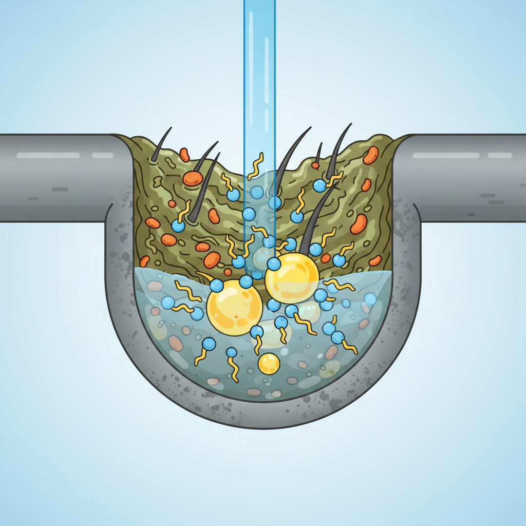 A vibrant, detailed cutaway diagram illustrating the microscopic action of dish soap in a clogged drainpipe. The pipe is shown in cross-section, revealing a stubborn clog composed of greasy residues, food particles, and hair. From above, a stream of blue dish soap liquid flows into the pipe, reaching the clog. Tiny, stylized tenside molecules are actively depicted surrounding and breaking down the larger fat globules within the clog, reducing their surface tension and making them soluble. The surrounding water is shown becoming clearer as the particles disperse, hinting at the cleaning process. The style should be a clean, scientific infographic illustration with a bright, educational aesthetic.