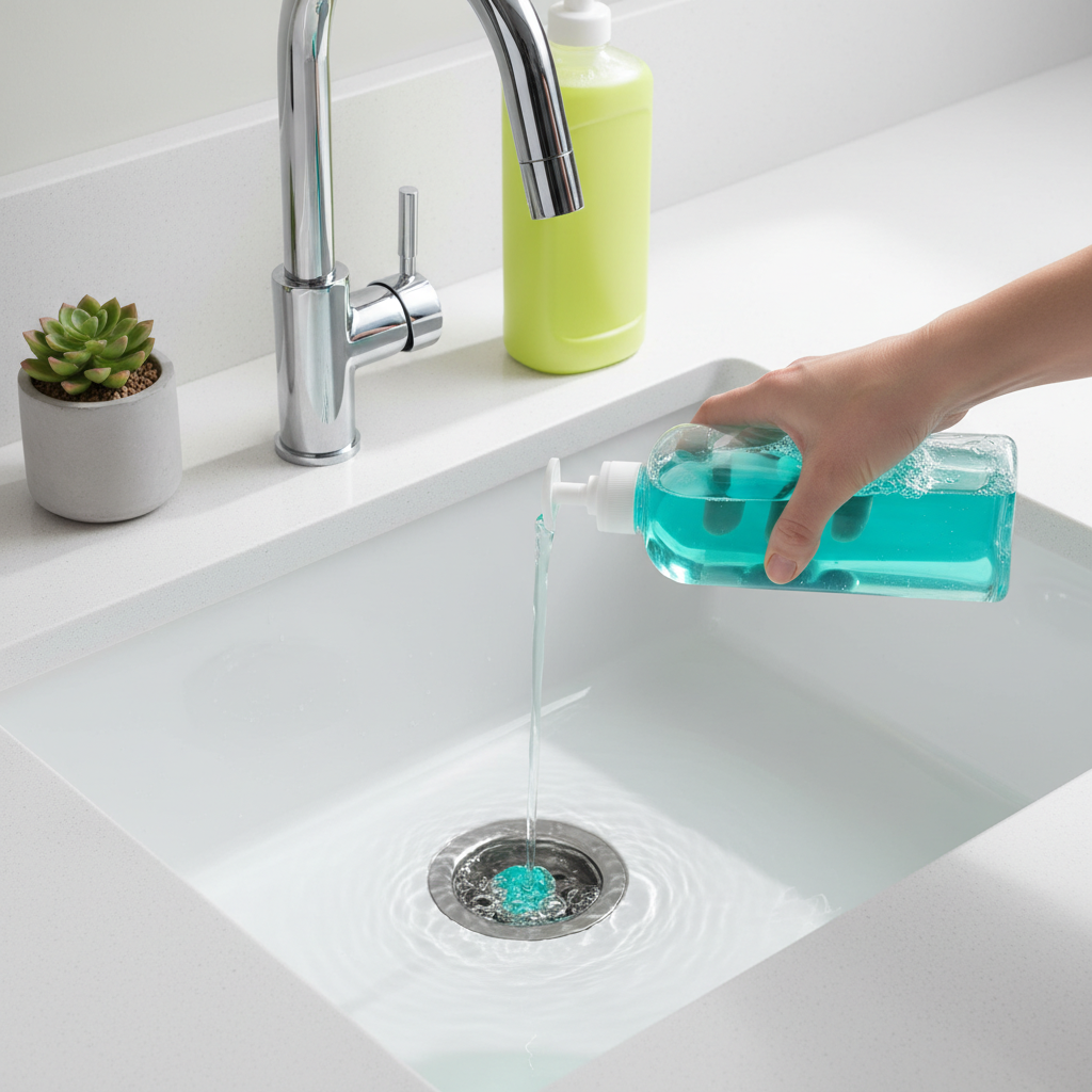 A bright, clean overhead shot of a modern kitchen or bathroom sink with a sparkling, clear drain. A hand is gently pouring a small amount of liquid dish soap directly into the drain opening, suggesting the act of cleaning or maintenance. The water in the sink basin is flowing freely, creating a subtle ripple effect that emphasizes the unclogged state. A generic bottle of brightly colored dish soap stands neatly beside the faucet. The overall aesthetic should be a professional, high-key photograph, evoking a sense of freshness, cleanliness, and ease of use.