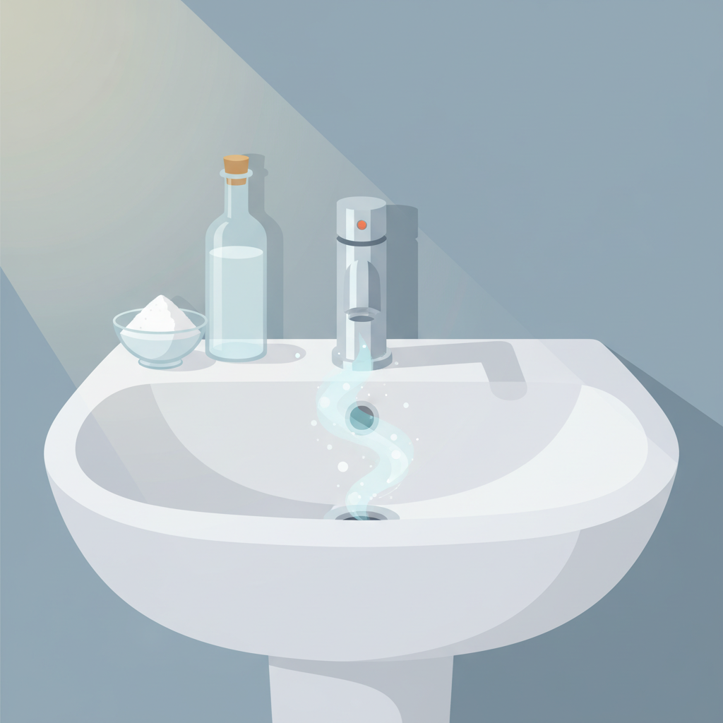 A clean, modern flat illustration depicting a serene bathroom sink at night. Soft ambient lighting, possibly from a subtle moonbeam, highlights the sink area. Next to the faucet, a small, elegant glass bowl contains white powder (symbolizing baking soda) and a clear glass bottle with a clear liquid (vinegar). From the drain opening, a gentle, ethereal effervescence or swirling mist rises subtly, symbolizing the overnight cleaning action of the home remedies working silently. The overall mood should convey peace and effective natural cleaning.