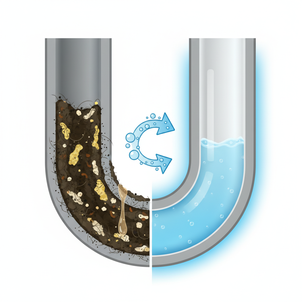 A detailed infographic-style illustration showcasing a cross-section of a kitchen drainpipe. The image is visually split into two halves. The left half depicts the internal pipe wall heavily encrusted with dark, sticky grime, grease, hair, and soap scum, significantly restricting water flow. The right half shows the identical pipe section sparkling clean, with smooth, clear walls, illustrating unimpeded water flow. A subtle transition or arrow indicates the transformation from clogged to clean, emphasizing the solution.