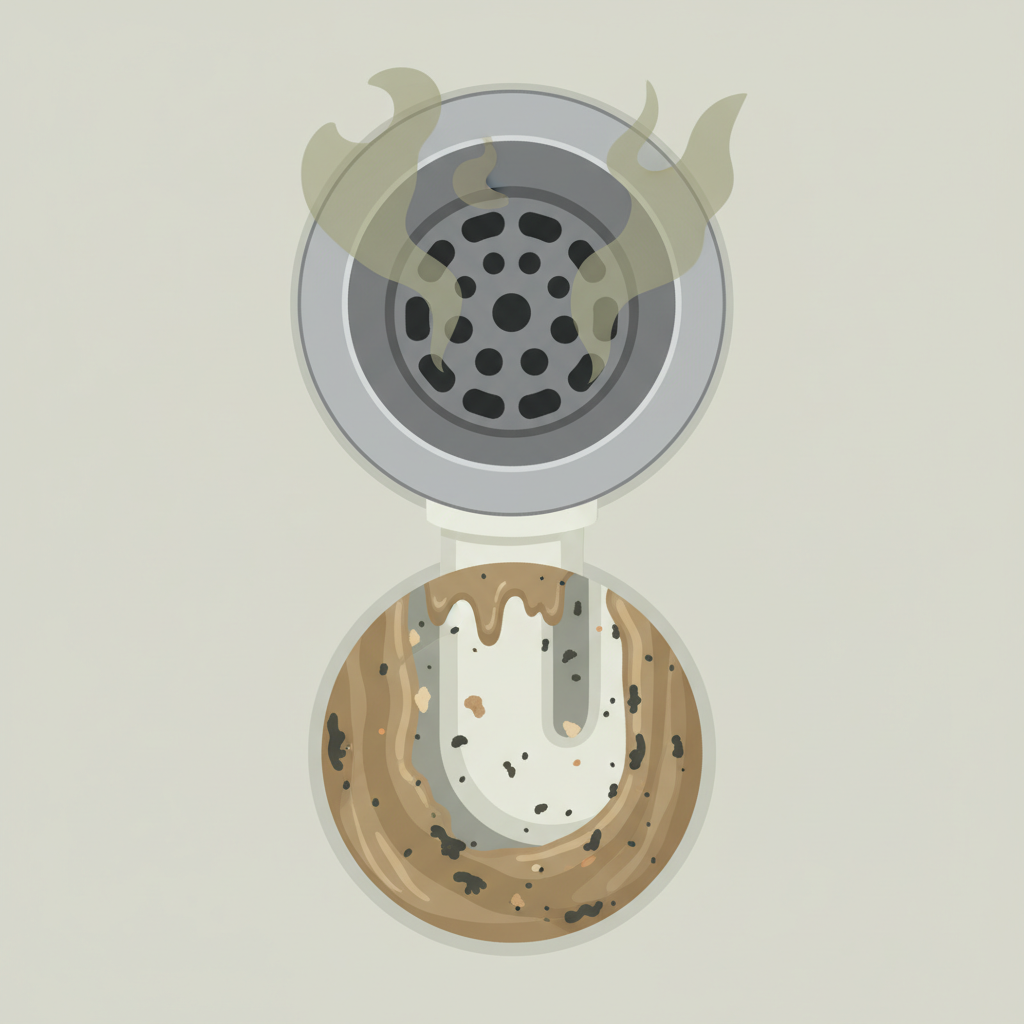 A close-up flat illustration of a kitchen sink drain with subtle, stylized green and brown fumes visibly rising from it, indicating a foul odor. A transparent cutaway reveals the drainpipe immediately below, showing thick layers of solidified grease, small food particles, and dark grime adhering to the pipe's interior walls. The scene should clearly convey a persistent blockage and bacterial activity within the pipe, contributing to the unpleasant smell. Style: Flat illustration with a slightly cartoonish touch, muted earthy tones.