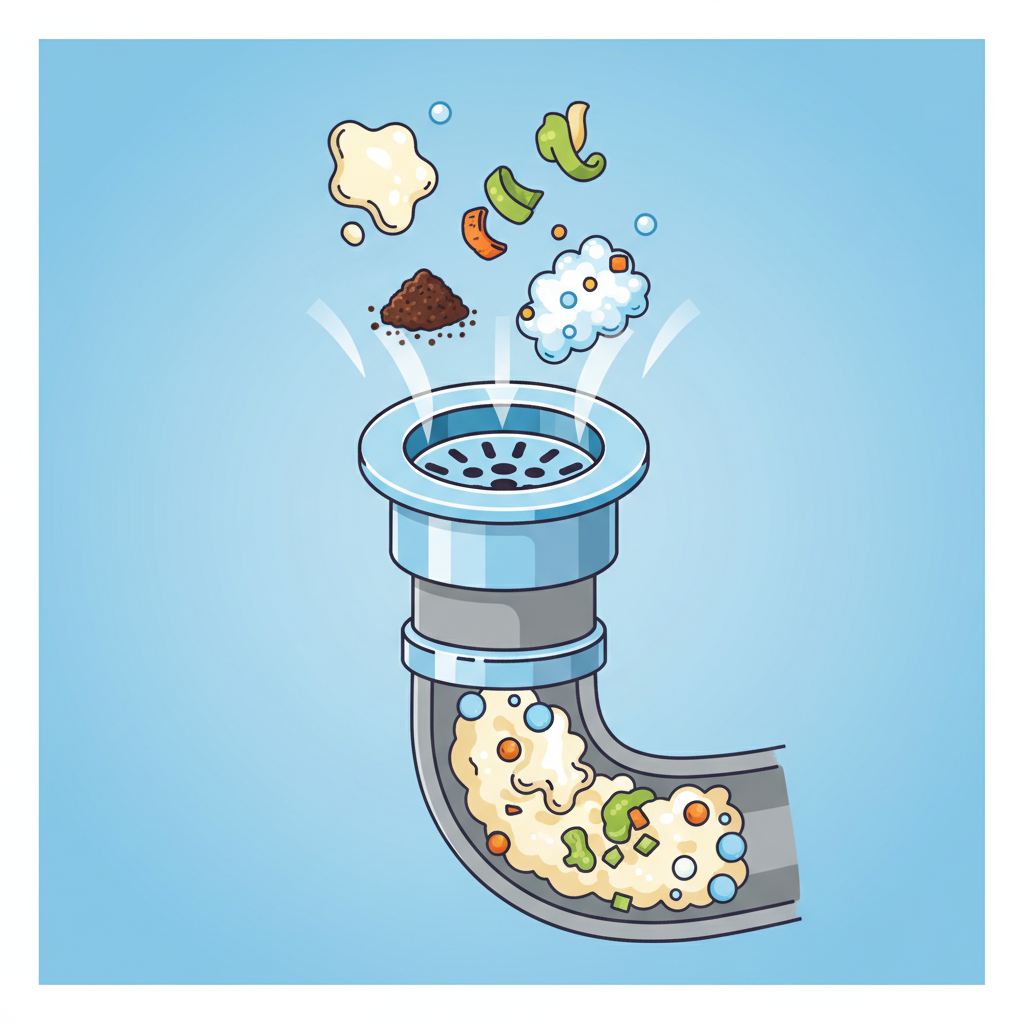 An infographic-style illustration depicting various common kitchen waste items hovering above a stylized kitchen sink drain opening. These items include rendered fat solidifying, coffee grounds, small vegetable scraps, and soap suds. A subtle visual flow guides them towards the drain. Below the drain opening, a simplified cross-section of a pipe shows these elements accumulating and clinging to the pipe's interior, forming a visible blockage. Style: Clean, infographic illustration with clear, distinct elements and bright colors.