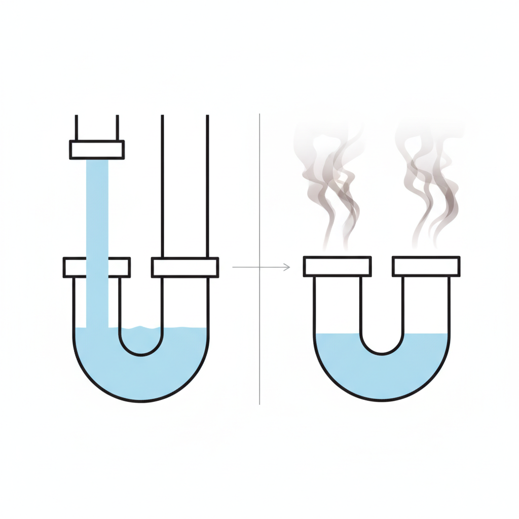 A clean, simplified technical diagram illustrating a kitchen sink siphon (P-trap). On the left side, the siphon is correctly filled with clear blue water, forming a visible barrier. On the right side, the same siphon is shown, but the water level is significantly lower or completely absent, with a subtle visual representation of unpleasant, brown gases rising freely through the empty pipe segment. The diagram should highlight the crucial role of the water seal in preventing odors. Style: Modern, minimalist diagram with clear lines and contrasting colors.
