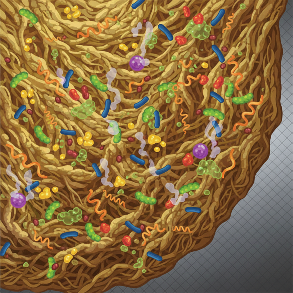 A detailed, modern scientific illustration depicting a magnified view of the inner surface of a drain pipe. The pipe wall is coated with a thick layer of decomposing organic matter, appearing as textured, brownish-yellow sludge. Numerous stylized bacteria (various shapes like rods and spheres) are actively distributed within this layer, some visually 'feeding' on small, amorphous food particles and fat globules, subtly emitting a gaseous cloud. The scene emphasizes the microscopic activity causing the foul odors. Style: Scientific illustration with vibrant colors for microorganisms.