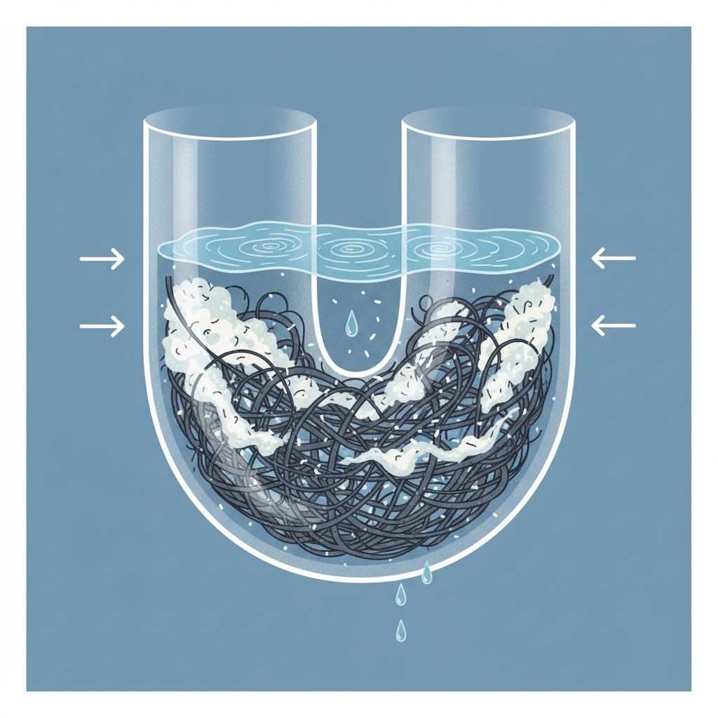 A detailed, infographic-style illustration showing a cutaway view of a shower drain pipe. Inside the translucent pipe, a visible, dense accumulation of tangled dark hair, white and grey soap scum layers, and tiny skin flakes are forming a significant blockage. Water is pooling above the obstruction, struggling to pass through. The surrounding pipe material is subtly visible, emphasizing the severely constricted flow and the various elements contributing to the clog. The scene is clean and educational, clearly illustrating the problem's root.