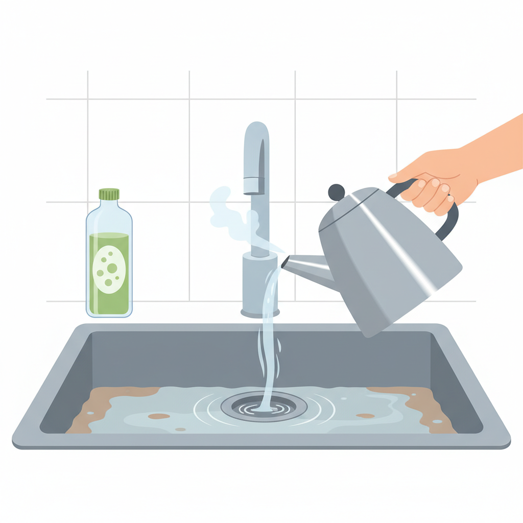 A vibrant, clean flat illustration depicting a modern kitchen sink with a partially clogged drain. Murky, slow-draining water is visible in the basin, with subtle swirling lines indicating poor drainage. A hand, reaching from the side of the frame, is pouring steaming hot water from a sleek metal kettle directly into the drain opening. A bottle of liquid dish soap is positioned neatly beside the sink, suggesting a multi-step solution. The overall scene should convey a sense of gentle yet effective action against a common household problem, with a focus on hygiene and simplicity.
