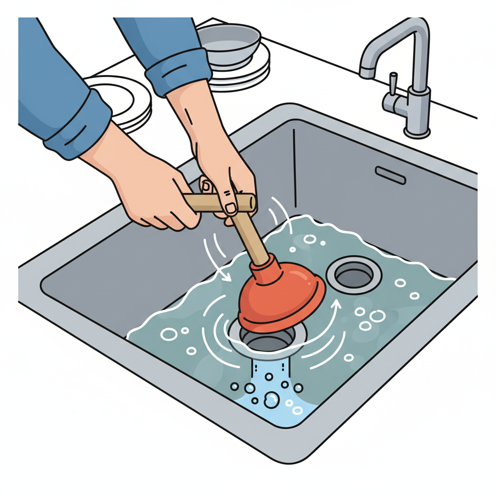 A dynamic and clear infographic-style illustration demonstrating the correct use of a kitchen sink plunger. A person's hands are firmly gripping the handle of a classic red-orange rubber plunger, pressing it down over the drain opening in a stainless steel kitchen sink. Water is visible in the sink, partially covering the plunger's rubber cup to show correct technique for creating suction. The image should capture the upward and downward motion of plunging, perhaps with subtle motion lines, conveying effective mechanical action to clear a blockage, emphasizing practical problem-solving.