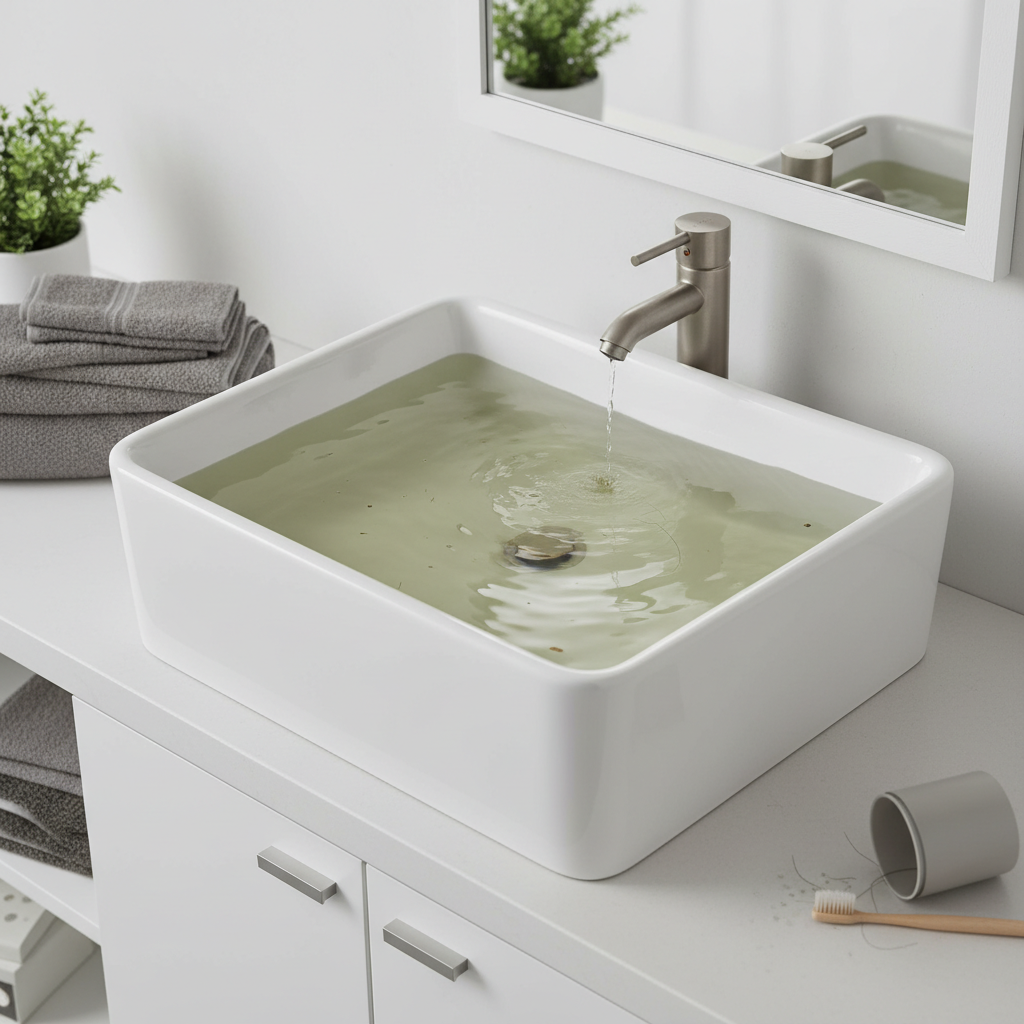 A professional, well-lit photograph depicting a bathroom sink or bathtub filled with stagnant, cloudy water, indicating a severe clog. The water level should be high, just shy of overflowing, reflecting the urgency of the situation. A subtle shimmer or reflection on the water's surface could add to the visual appeal. The surrounding bathroom environment should be tidy but convey a sense of mild distress or inconvenience caused by the non-draining water. Focus on clean lines and a modern aesthetic, with a soft focus in the background to keep the attention on the overflowing drain. The image should evoke the common frustration of a blocked drain.
