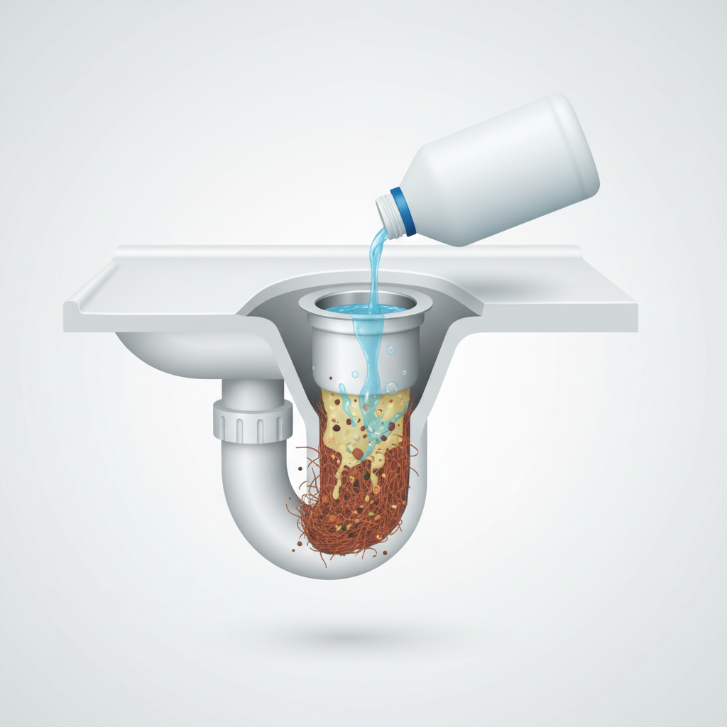 A clean, modern 3D cutaway illustration revealing the interior of a household drain pipe, such as beneath a kitchen sink or shower. Within the pipe, a visible, dense blockage composed of tangled hair, solidified grease, and small food particles is shown. From above, a generic, sleek bottle of drain cleaner pours a thick liquid or gel into the drain opening. Visual cues like dissolving edges and subtle churning indicate the cleaner actively breaking down the obstruction, allowing clear water to flow. The overall scene should convey efficiency and cleanliness, focusing on the resolution of a common household problem.