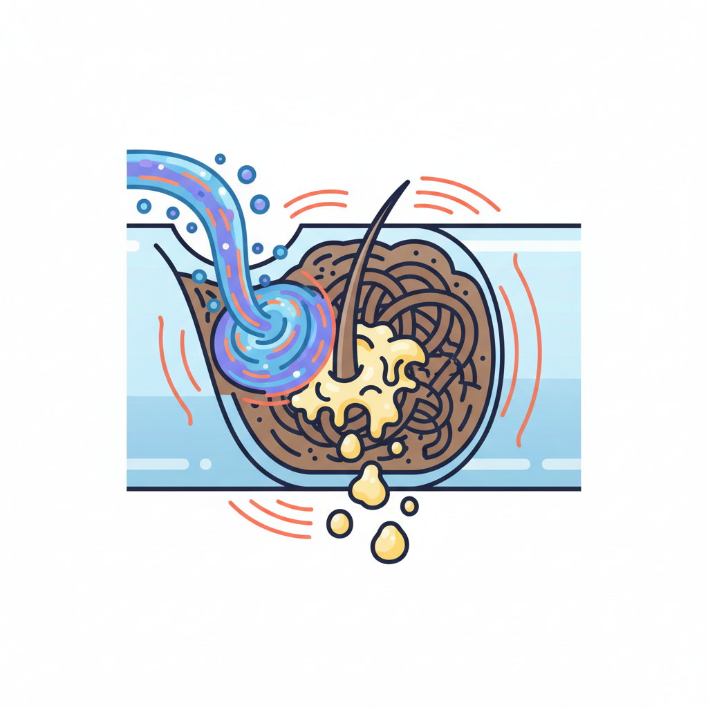 An infographic-style vector illustration demonstrating the chemical action of a lye-based drain cleaner within a pipe. A transparent cross-section of a pipe reveals a stubborn blockage of intertwined hair and greasy residue. Abstract, energetic particles representing the lye are depicted actively interacting with and breaking down the organic material. Show visual representations of fat emulsifying into smaller globules and hair strands fragmenting, accompanied by subtle visual hints of heat generation, like faint wavy lines. The illustration should be purely visual, educational, and clearly explain the decomposition process.