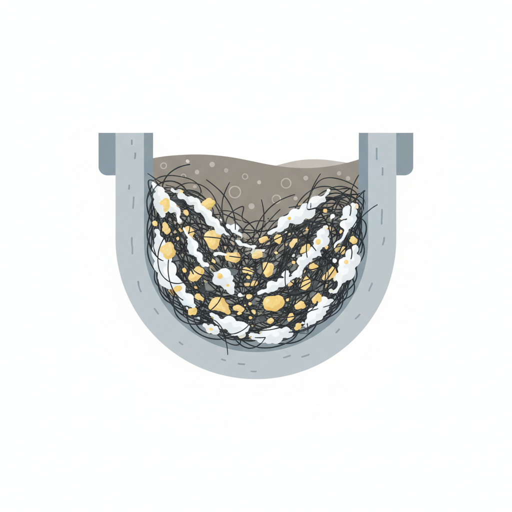 A detailed cross-section illustration of a typical household drain pipe. Inside the pipe, depict a significant accumulation of common clog culprits: tangled dark hair intertwined with white soap scum and solidified yellowish grease particles, forming a dense blockage against the pipe's interior walls. Show a small amount of murky water pooling above the obstruction, struggling to pass through. The pipe itself is light grey or white PVC, suggesting a clean, cut-away view. Use a clean, professional flat illustration style with clear separation of elements, suitable for explaining an internal process.