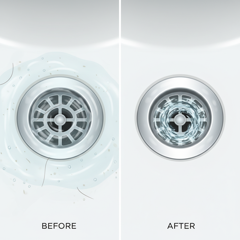 A split image or before-and-after professional digital illustration focusing on a bathroom sink drain. The 'before' side shows a close-up of a chrome drain grid with water visibly pooling and slowly swirling around it in the sink basin, indicating a slow drain. The water looks slightly cloudy. The 'after' side displays the same drain, now sparkling clean, with clear, fresh water vigorously disappearing down the opening, creating a small vortex. The sink basin is empty and gleaming. The overall aesthetic should be bright, clean, and modern, emphasizing clarity and efficiency.