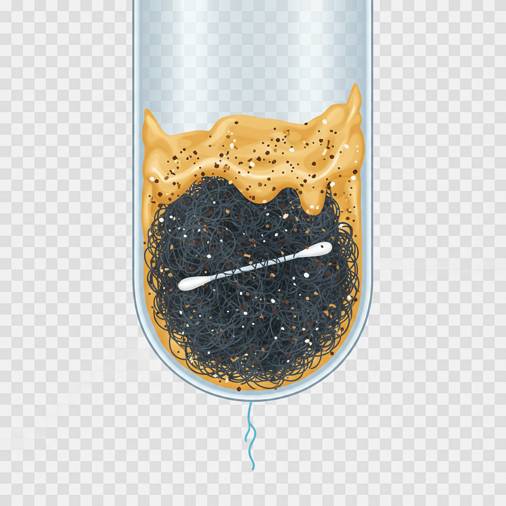 A detailed isometric illustration of a clear, cylindrical drain pipe cut open to reveal its interior. Inside, a significant blockage is forming, composed of various accumulated culprits. Show tangled strands of dark hair forming a dense mat, solidified yellowish grease adhering to the upper pipe walls, small dark coffee grounds and other food debris caught within the hair and grease, and a small, distinct foreign object like a cotton swab embedded in the mixture. Water flow is depicted as significantly reduced to a trickle around the obstruction. The overall style should be clean, scientific diagram-like, with distinct textures for each type of debris.