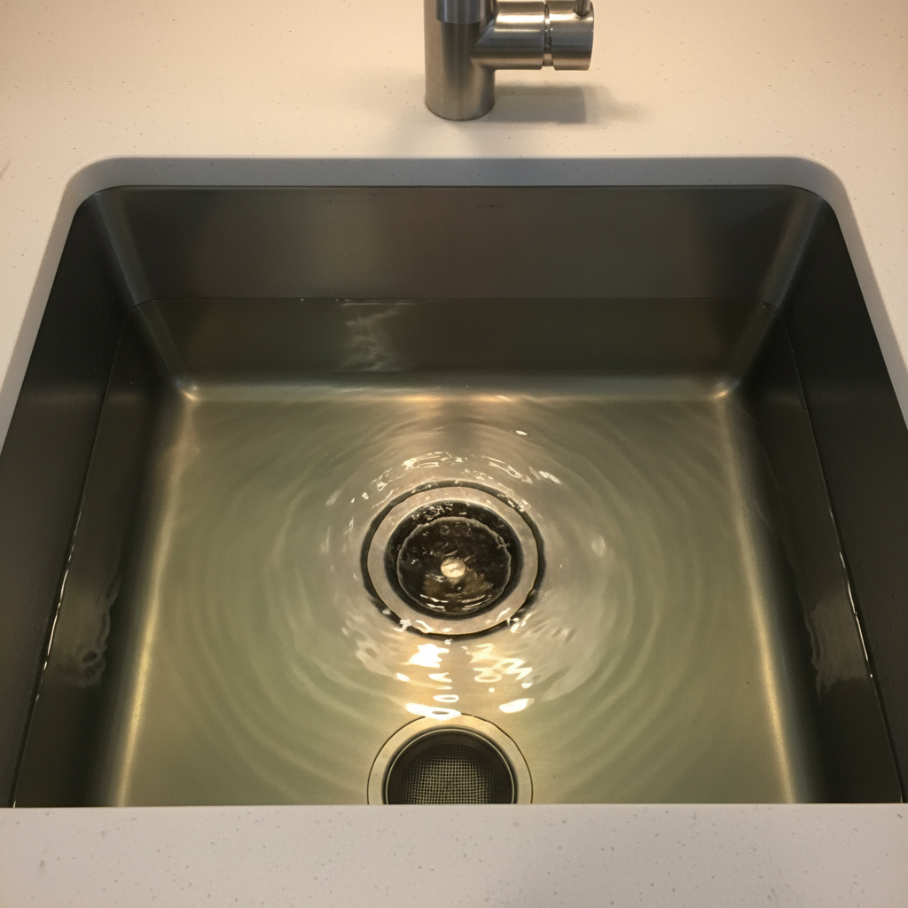 A professional, close-up photograph from a slightly elevated angle, capturing a modern kitchen sink. The sink basin is partially filled with still, slightly murky water that is slowly backing up, clearly indicating a severe clog. The water's surface should show subtle reflections of overhead light. The stainless steel or ceramic sink should appear clean, contrasting with the stagnant water. A subtle ring of mineral deposits or grime around the drain opening could suggest a persistent issue. The scene should evoke a sense of inconvenience and the common household problem of a blocked drain.