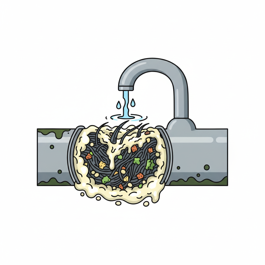 An infographic-style cross-section illustration of a severely clogged household drain pipe. Inside the pipe, various common culprits are visually depicted: tangled strands of hair, congealed blobs of grease, food particles, and soap scum, forming a dense, impenetrable blockage. Above the pipe, a trickle of water from a faucet struggles to flow past the obstruction, indicating slow drainage. The pipe's interior walls show grime buildup. The overall aesthetic is clean and informative with a slightly cartoonish, but detailed look.