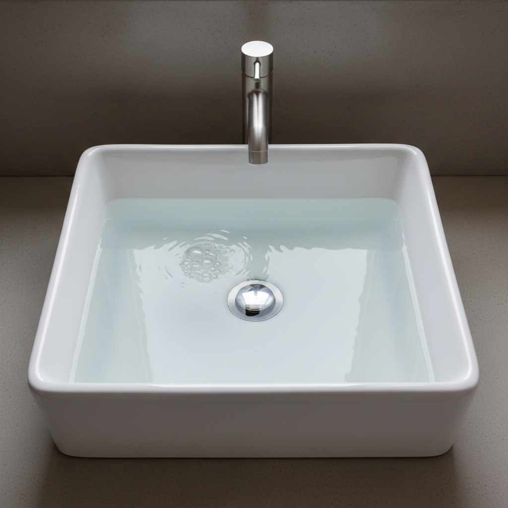 A realistic, professional photo of a modern bathroom sink completely filled with standing, slightly murky water, unable to drain. The water level is high, almost reaching the overflow opening, emphasizing the severity of the blockage. The sink's drain is submerged, and tiny bubbles might be visible at the surface, suggesting trapped air. The surrounding countertop and faucet are clean and dry, creating a strong contrast with the problematic sink. Soft, natural lighting highlights the frustrating scene.