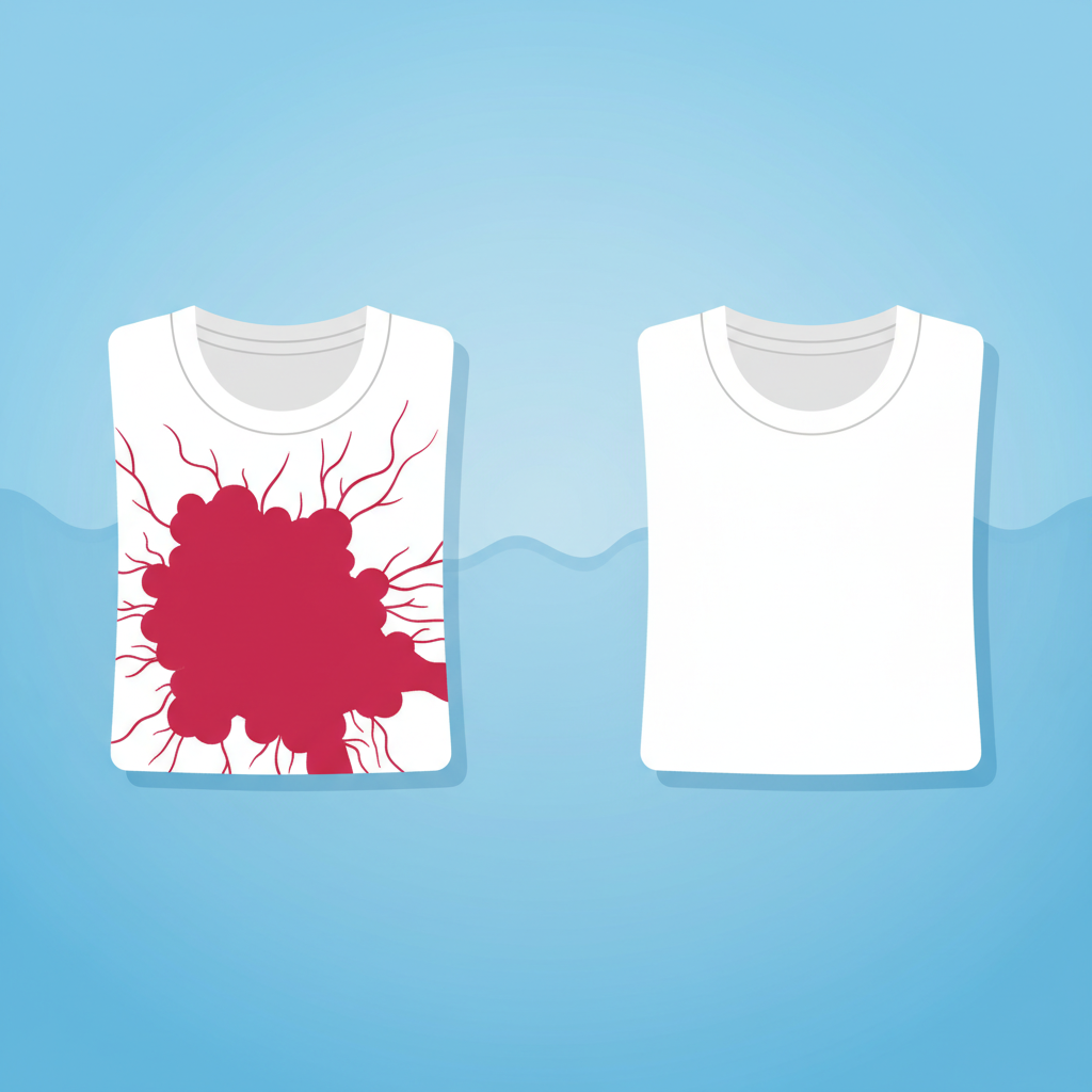 A vibrant, clean flat illustration showing a stark contrast. On one side, a pristine white t-shirt or towel has a large, clearly visible red dye stain bleeding into its fibers, symbolizing the common problem of dye transfer. On the other side, the same white textile is spotlessly clean and bright, with no trace of the stain, signifying successful removal. A subtle, light blue background suggests cleanliness. The overall mood should be one of transformation and relief, without any text or typography.