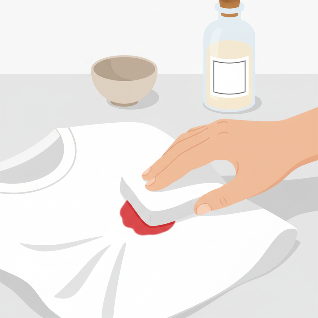 A minimalist, modern flat illustration depicting a hand gently dabbing a fresh, small red dye stain on a corner of a white fabric, like a t-shirt or a towel. The hand holds a clean, white cloth or sponge, carefully applying it to the stain. In the soft-focus background, elements suggesting gentle cleaning or home remedies are visible, such as a small bowl or a natural-looking bottle. The color palette is clean, focusing on whites, skin tones, and a hint of red for the stain.
