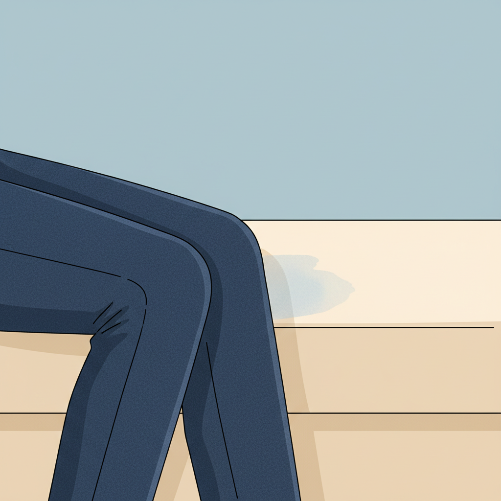 A vibrant flat illustration depicting the common problem of dye transfer from dark jeans. On one side, a dark indigo denim jean leg is casually resting or brushing against a light cream-colored fabric, possibly a part of a shirt or a sofa cushion. A subtle, light blue smudge or streak is clearly visible on the cream fabric, indicating the transfer of color. The background is clean and minimalistic, emphasizing the contrast and the staining effect, conveying a slightly frustrating but solvable situation.